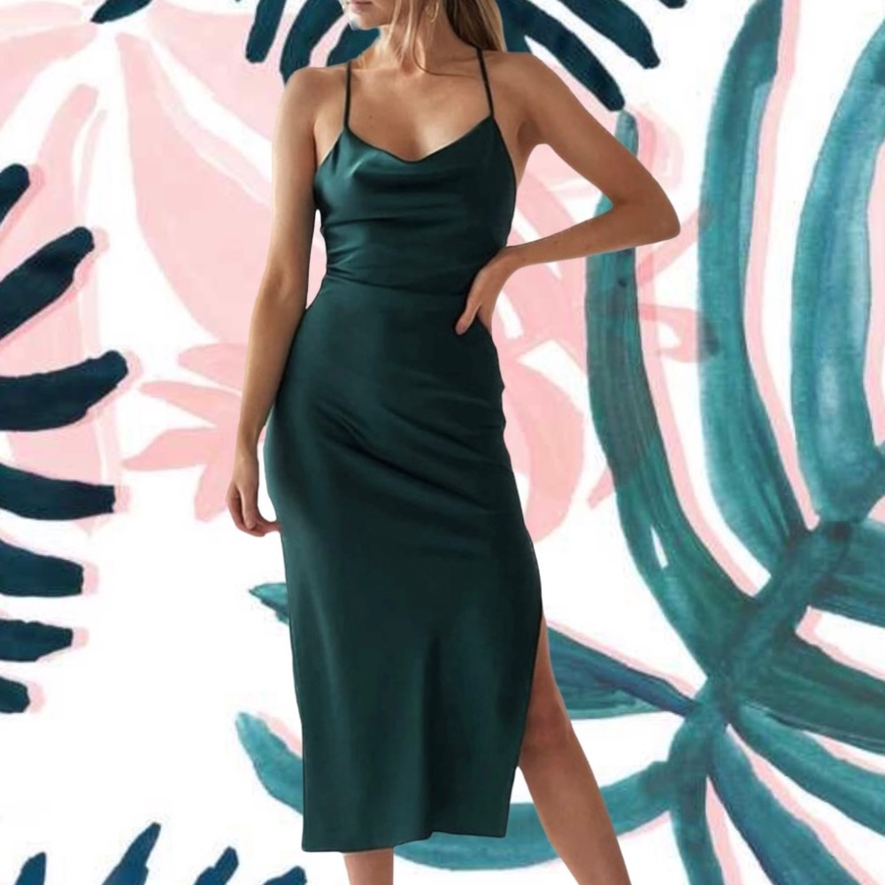 Amazon satin cowl neck slit midi dress